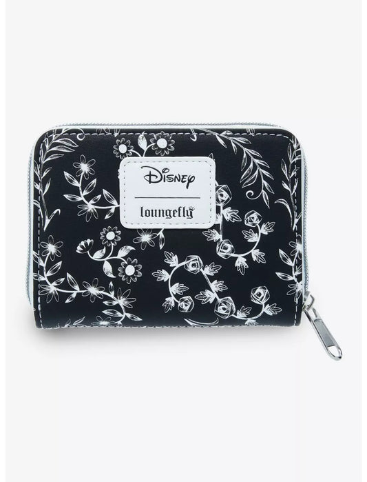 Black wallet with white floral pattern and 'Disney Loungefly' label on a white background
