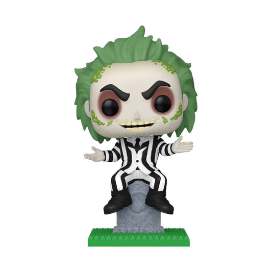 Funko Pop! vinyl figure of Beetlejuice with green hair and a striped outfit on a white background