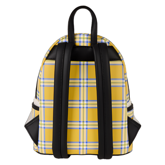 Yellow plaid backpack with black straps on a white background