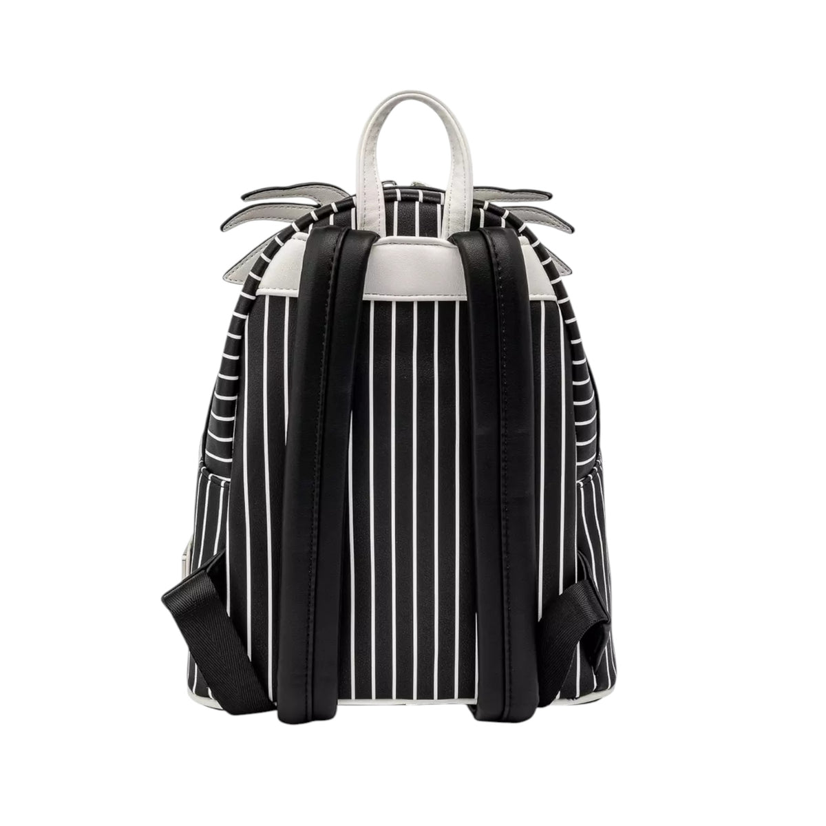Black and white striped backpack with skeleton design on a white background