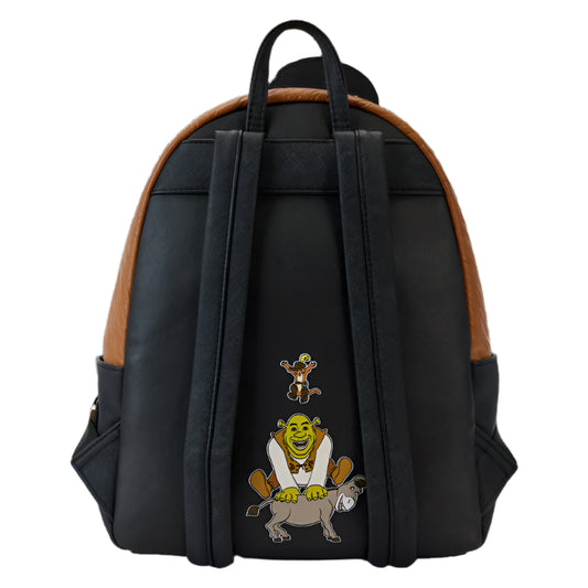 Black backpack with Shrek, Donkey, and Puss in Boots design on a white background