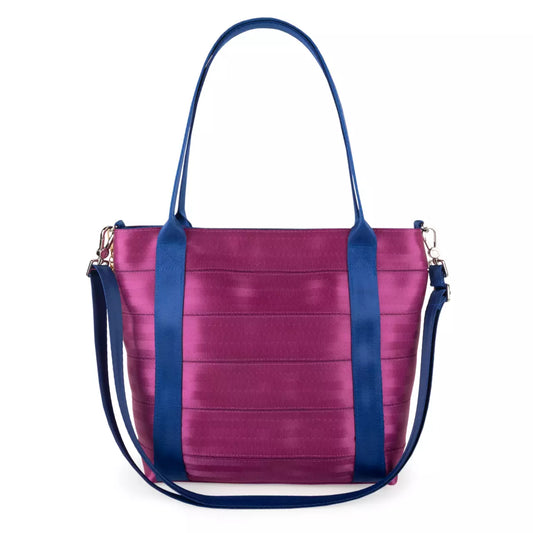 Purple handbag with blue straps on a white background