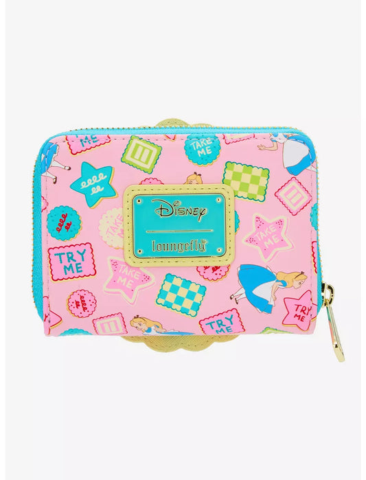 Pink wallet with Disney branding and Alice in Wonderland design on a white background