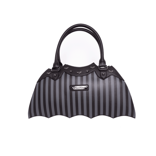Back of pinstripe bat shaped bag with metal Rock Rebel Logo on a white background