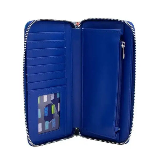 Blue wallet with multiple compartments on a white background