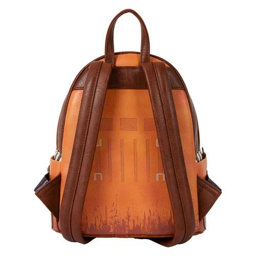 Brown leather backpack with visible brand logo on a white background