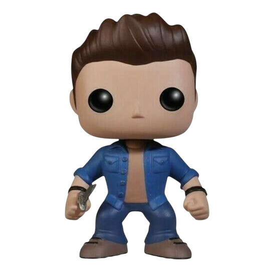Funko Pop! vinyl figure of Dean Winchester holding a knife in jeans and a blue jacket on a white background