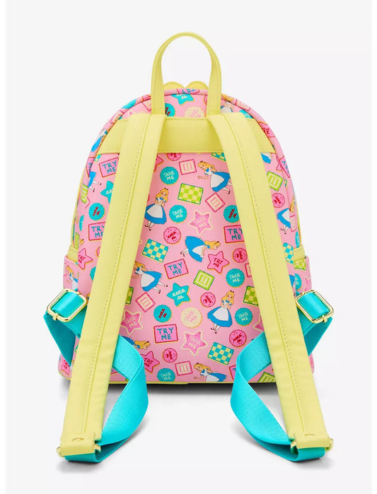 Backpack with Alice in Wonderland characters and objects on a white background