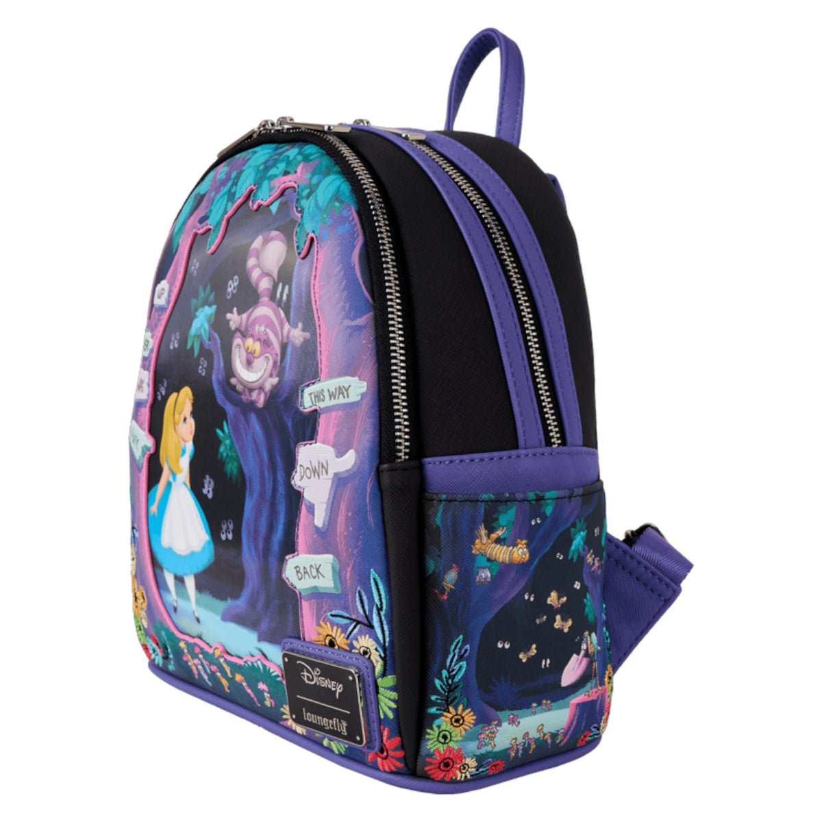 Backpack with Alice in Wonderland Tulgey Wood design on a white background
