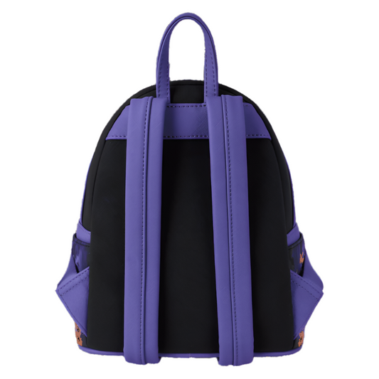 Back view of the mini backpack with purple straps on a white background