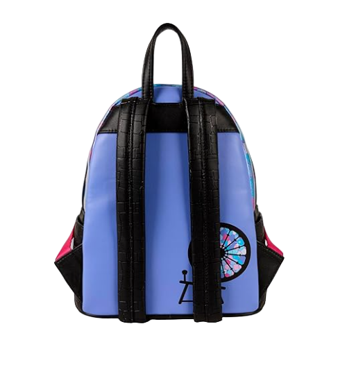 Blue backpack with colorful design on a product listing page
