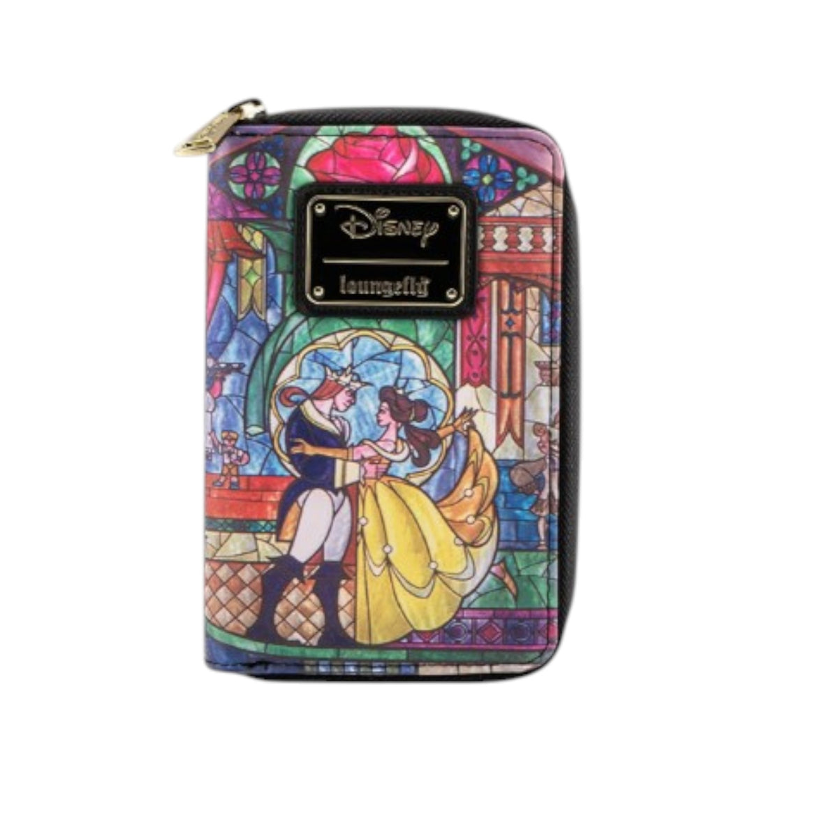 Disney Loungefly Princess Castle Series Belle wallet with stained glass design featuring Belle and Gaston