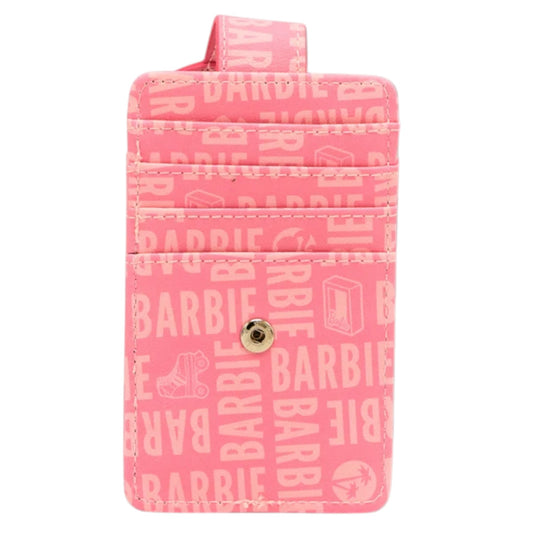 A pink card holder wallet featuring an all-over Barbie logo print, a top carrying loop, and a snap-button closure, shown against a plain white background.