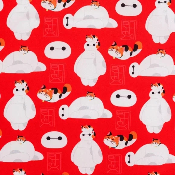 Pattern of Baymax and Mochi characters on a red background