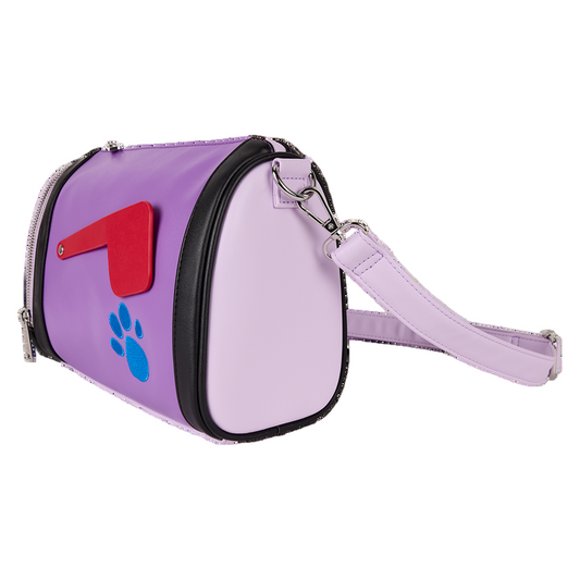 Purple Purple Blue’s Clues Mail Time Crossbody bag with red mailbox flag and blue paw print design on a white background