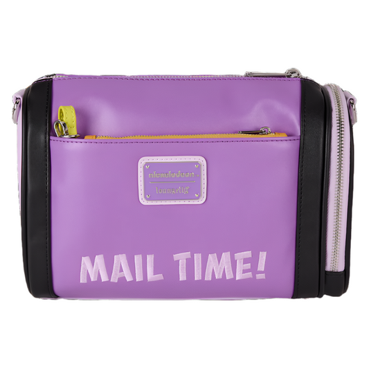 Back view of purple Blue's Clue Mail Box Crossbody Bag with 'MAIL TIME!' text and a visible Nickelodeon and Loungefly brand logo on a white background