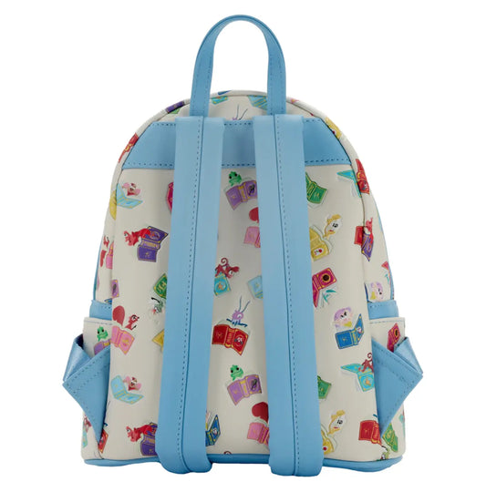 Backpack with colorful pattern and blue straps on a white background