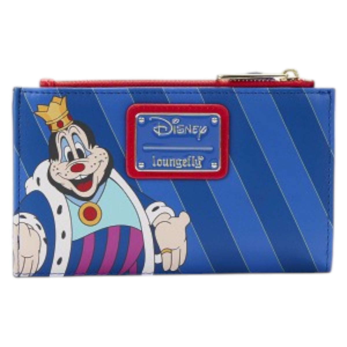 Cartoon character wallet with Disney Loungefly logo on a blue striped background
