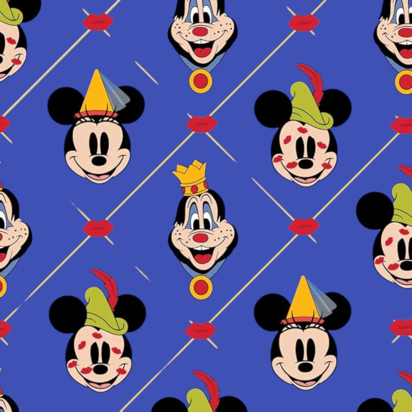 Pattern of Brave Little Tailor Mickey & Minnie characters with colorful hats on a blue background