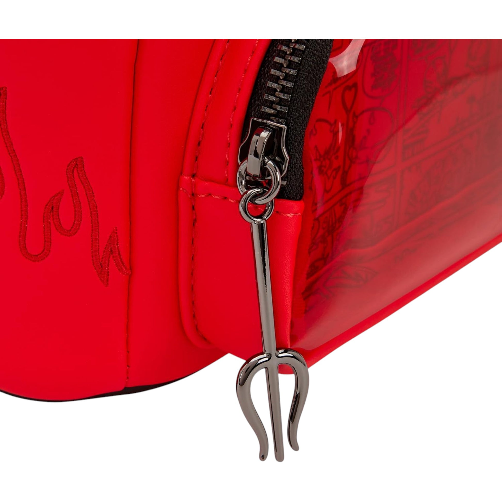 Red bag with a metal pitch fork-shaped zipper pull on a white background