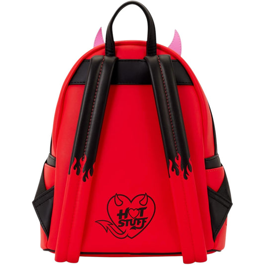 Red backpack with black accents and a heart design with Hot Stuff text on a white background