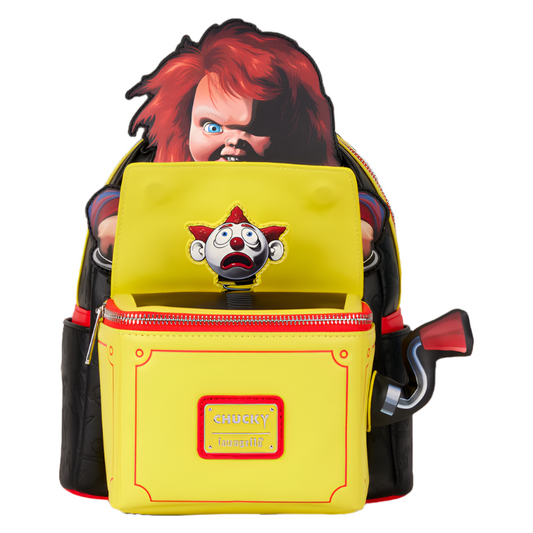 Yellow backpack with with Chucky from the Child's Play film series and clown jack in the box on a white background