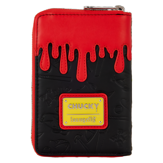 Red and black wallet with 'Chucky' label on a white background