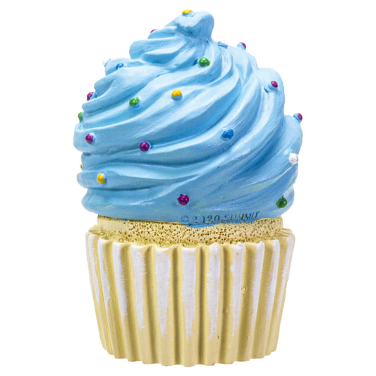 Cupcake with blue frosting and colorful sprinkles on a white background