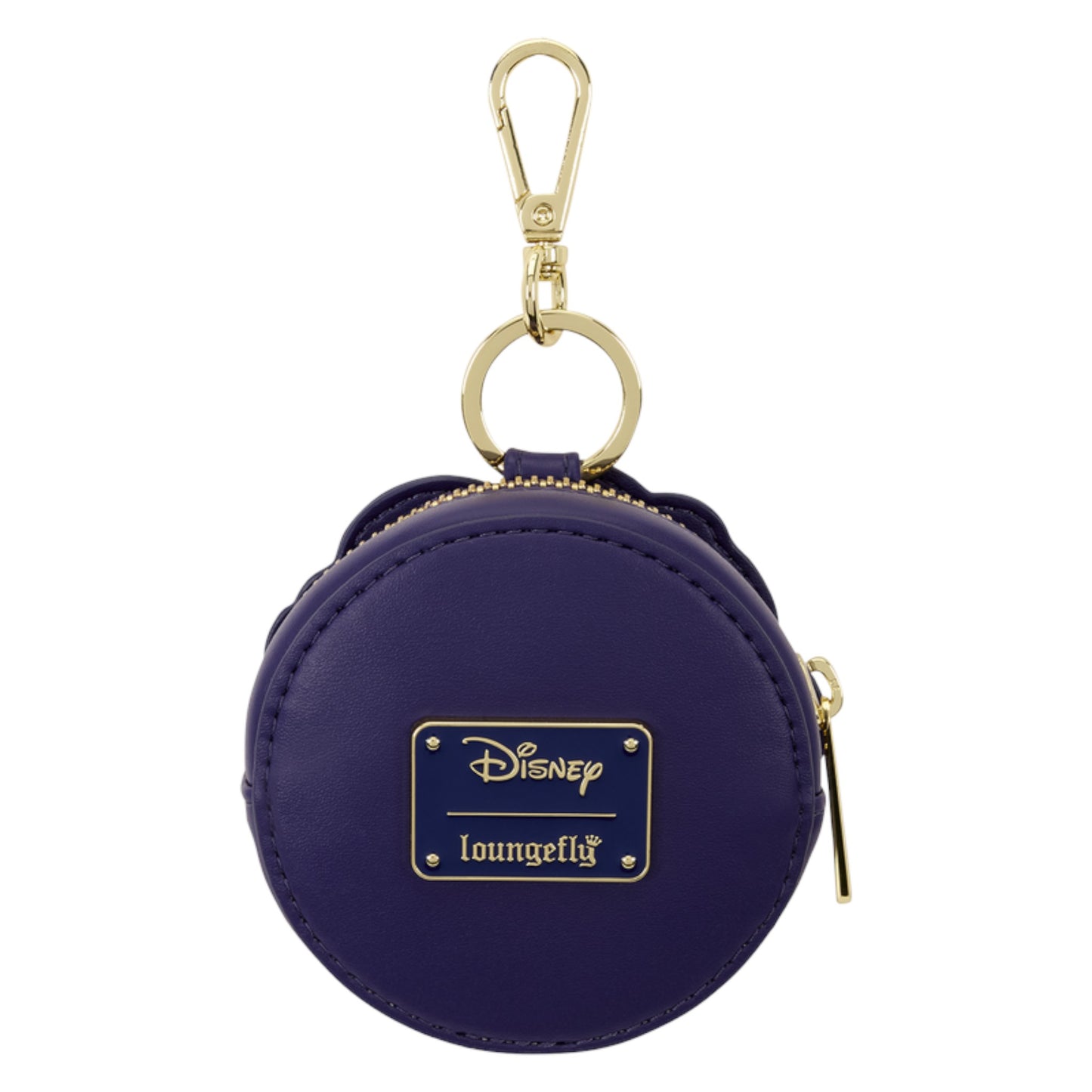 A small round purple faux-leather coin purse keychain with a gold-tone clasp, key ring, and zipper pull. The front features a gold metal plate with the Disney and loungely logos.