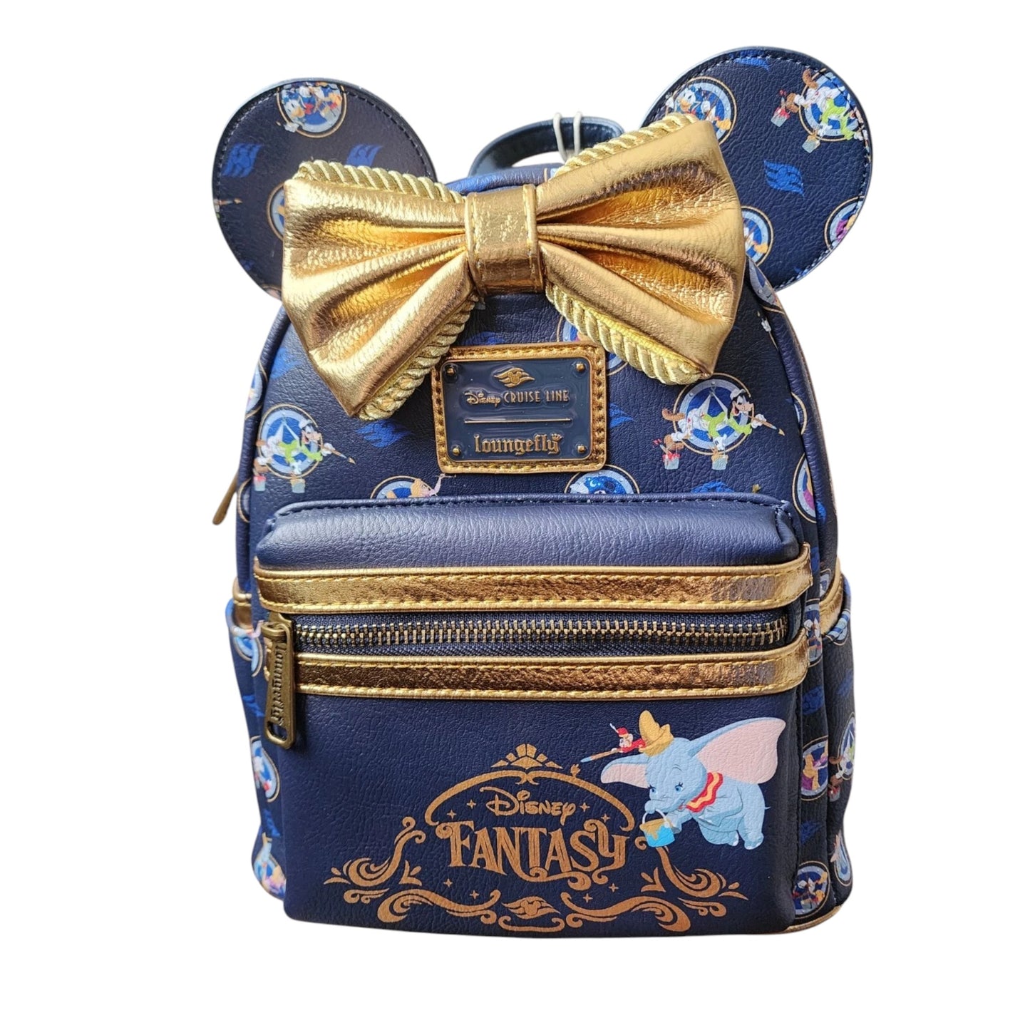 Blue Disney Fantasy Ship Dumbo backpack with gold bow and Disney-themed design with Dumbo on a white background