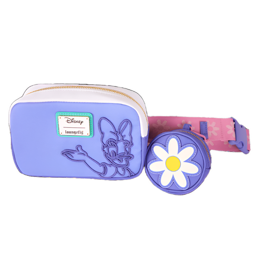 Purple pouch with Daisy Duck design and flower emblem on a white background