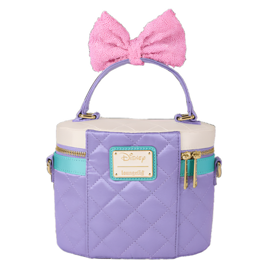Purple quilted bag with a pink bow on a white background