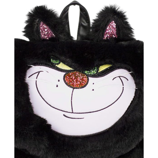 Black Danielle Nicole Disney Cinderella Lucifer Faux Fur Backpack with Lucifer character cat face design on a white background