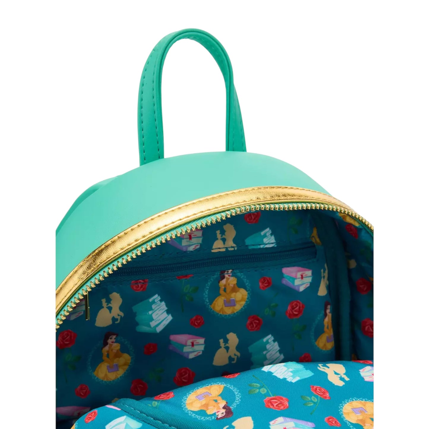 Teal backpack with gold zipper and Belle, Beast, and books pattern on a white background