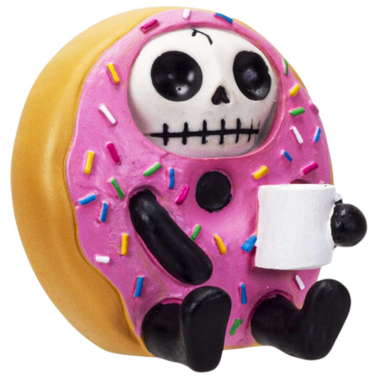 Pink frosted donut with a skeleton face and colorful sprinkles figurine on a white background