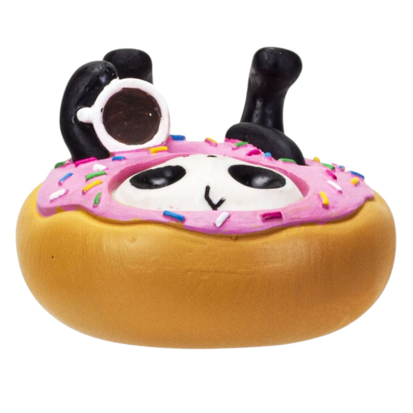 Pink frosted donut with a skeleton face and colorful sprinkles figurine on a white background