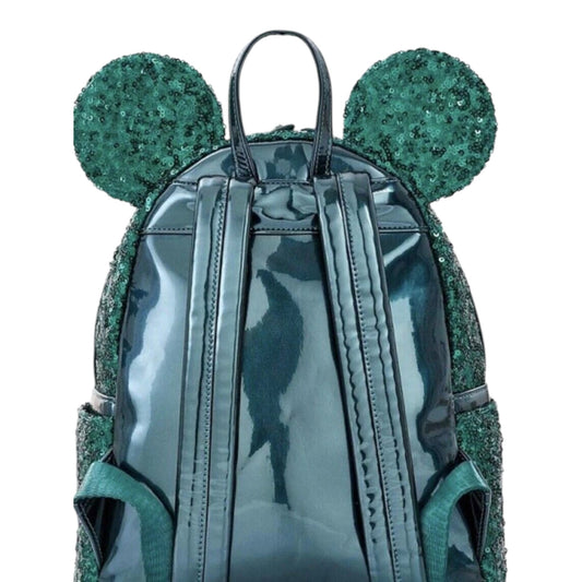 Green glittery backpack with Minnie Mouse ears on a white background