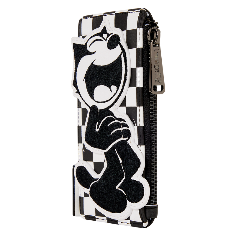 Checkered wallet with Felix the Cat character design on a white background