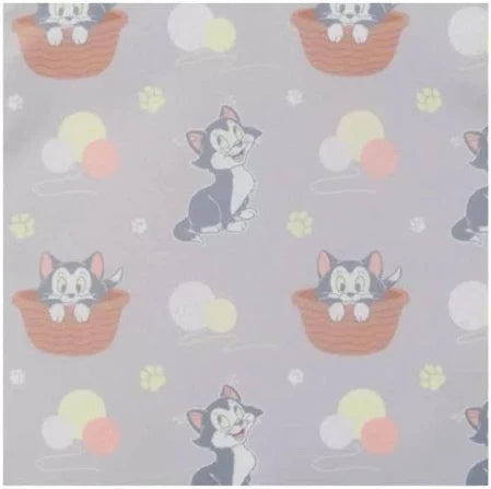 Patterned fabric with Figaro cat characters and colorful balloons on a gray background