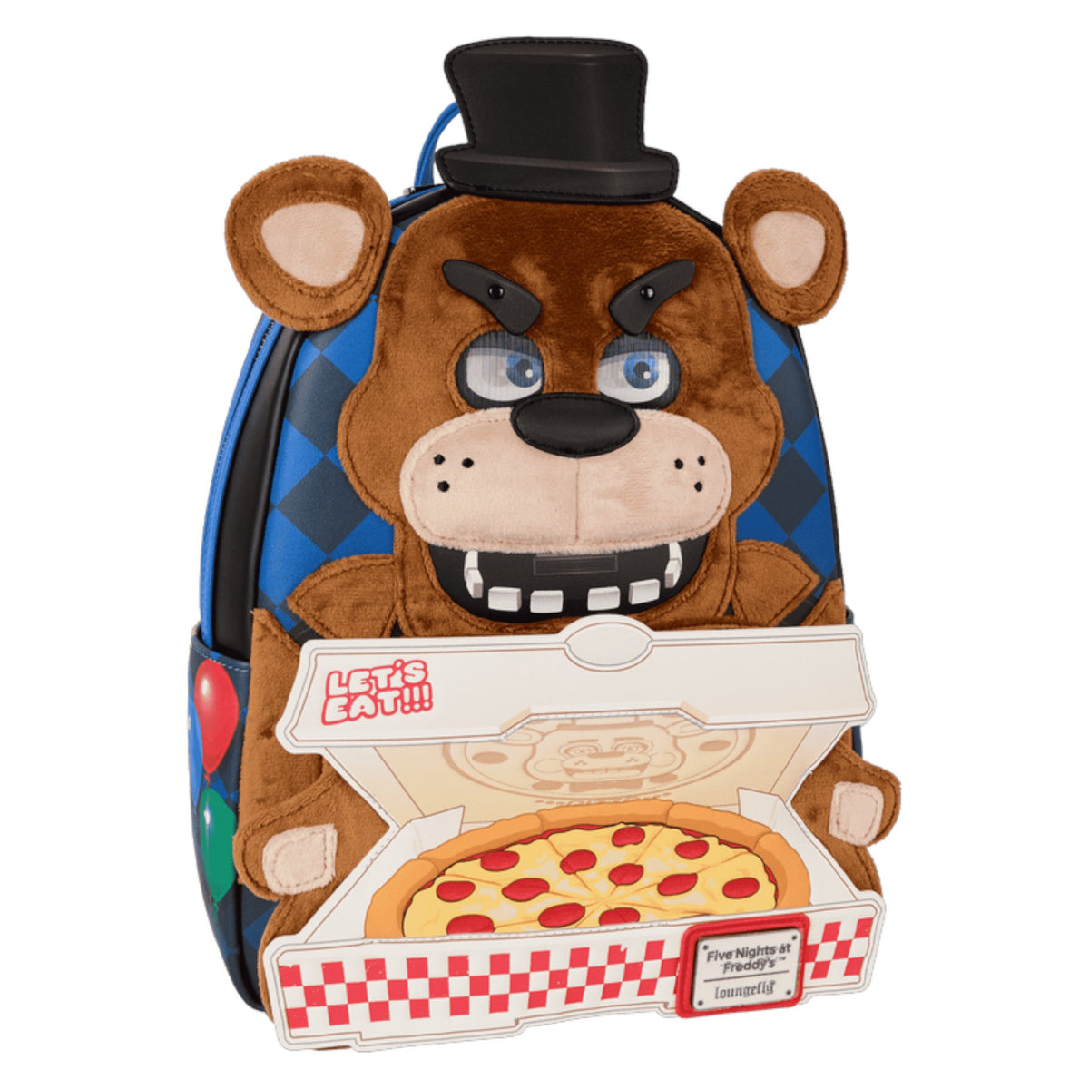 Backpack with Five Nights at Freddy's Freddy Fazbear design featuring a pizza box and checkered pattern