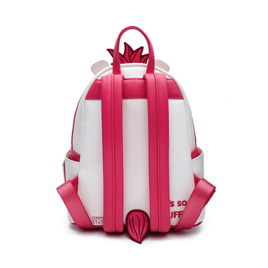 White and pink backpack with a tail on a white background