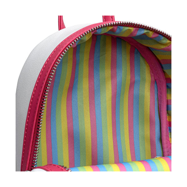 Close-up of the interior of the backpack with colorful striped interior on a white background