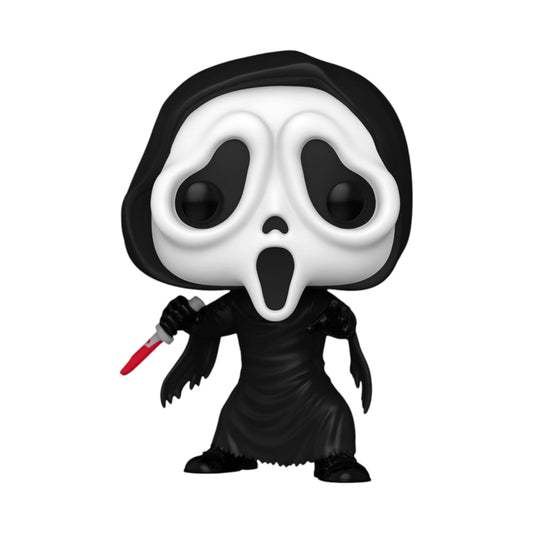 Funko Pop! vinyl Ghostface with a black hood and white face holding a red object on a white background