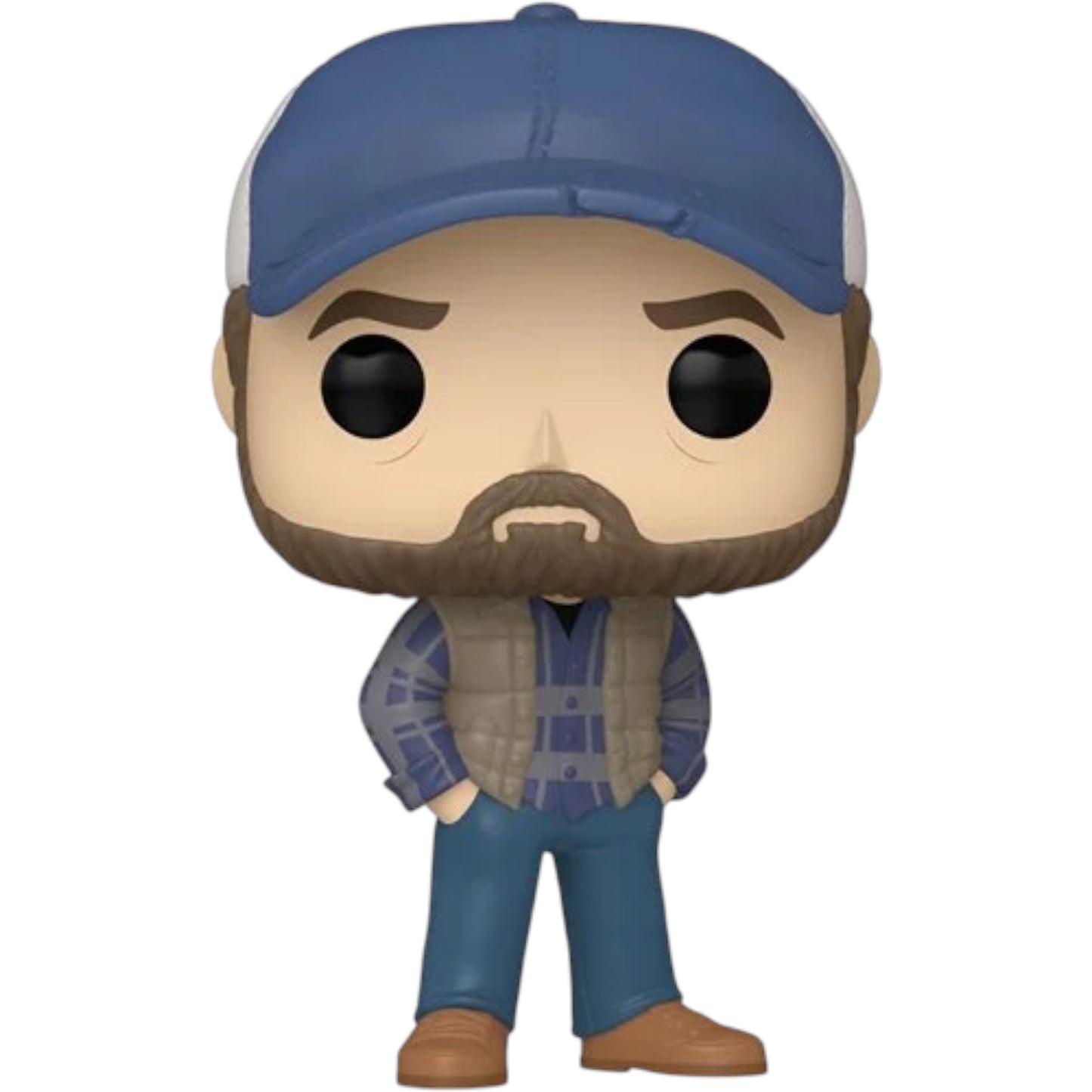 Funko Pop! vinyl figure of Bobby Singer wearing a blue hat, blue jeans, a plaid shirt and a brown utility vest from Supernatural