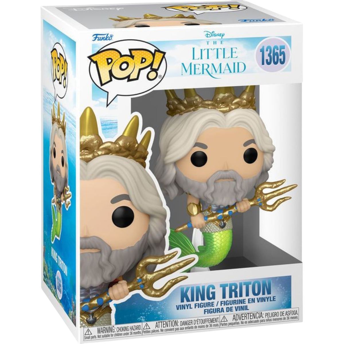 Funko Pop! vinyl figure of The Little Mermaid King Triton with a gold crown, green tail, and holding a trident in its packaging on a white background