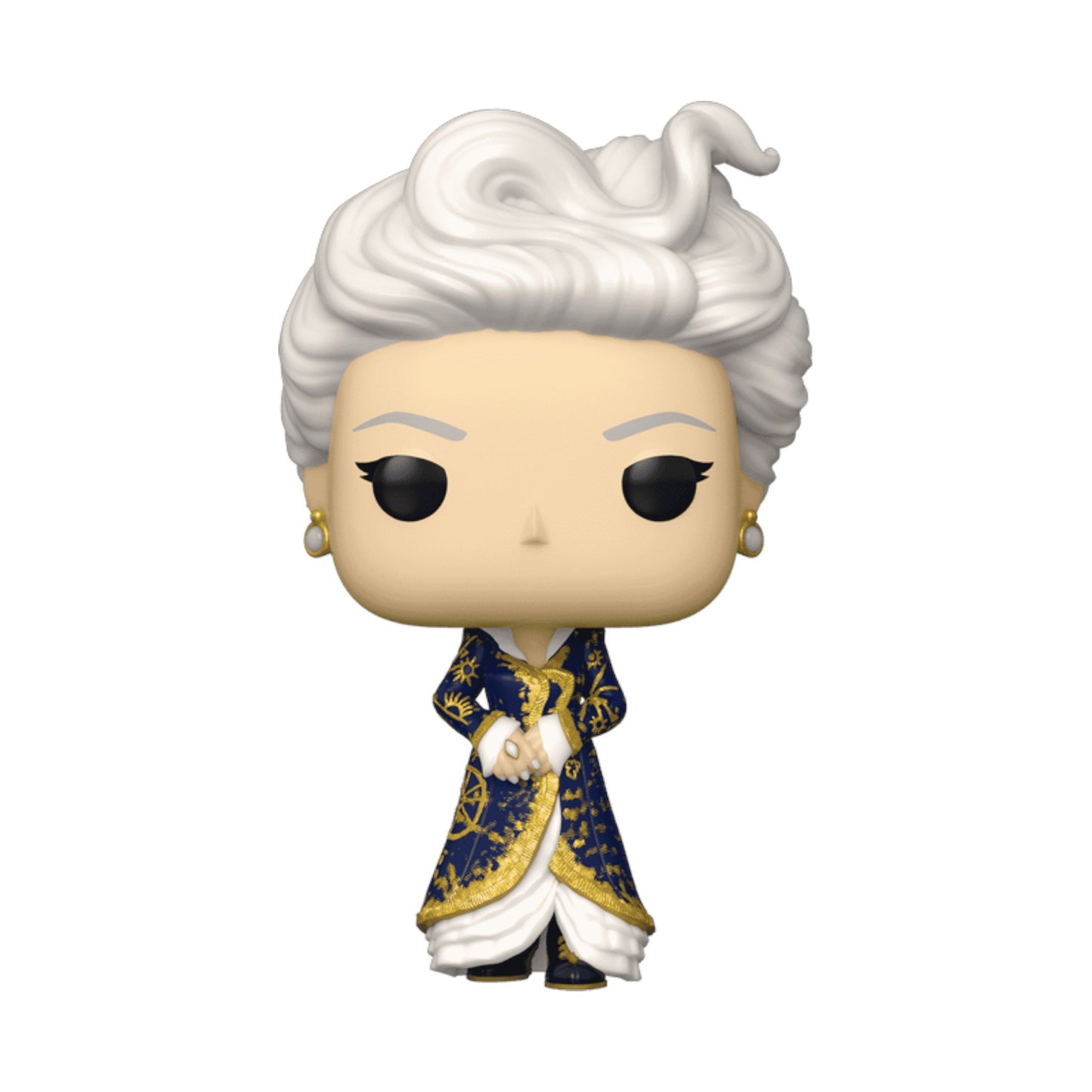 Funko Pop! vinyl figure of Madame Morrible character with white hair and blue and gold outfit on a white background