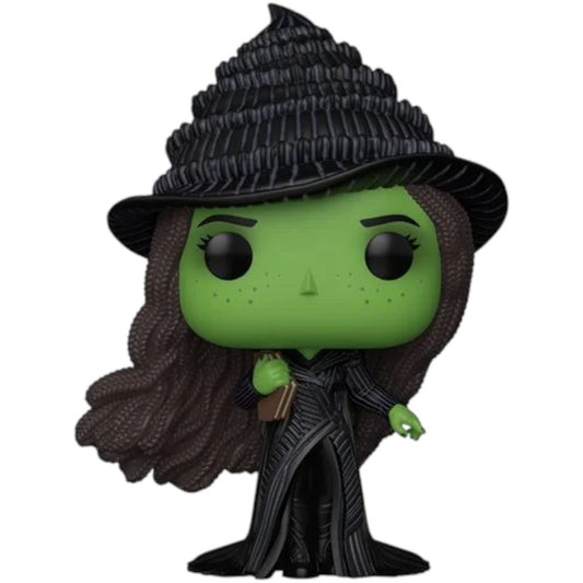 Funko Pop! vinyl figure featuring Elphaba from Wicked For Good, with a green face and black hat and outfit.