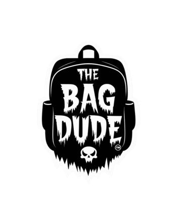 Black backpack with 'The Bag Dude' logo on a white background