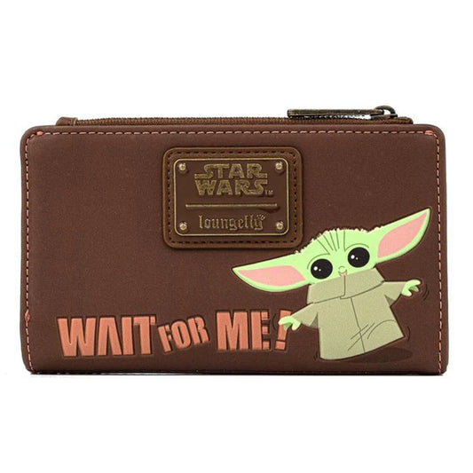 Brown wallet with 'Star Wars' logo and Grogu or 'The Child' on a white background