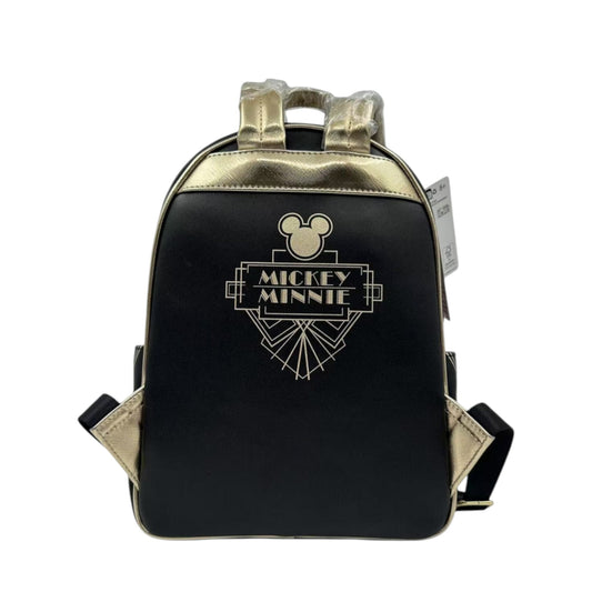 Black backpack with gold accents and 'Mickey Minnie' logo on a white background
